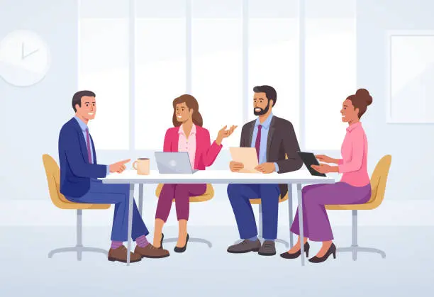 Illustrated group of colleagues standing around a table